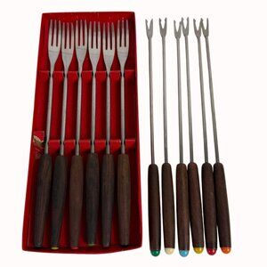 Vintage Fondue Fork Cocktail Set MCM Wooden Handles Color Tips Retro Kitchen